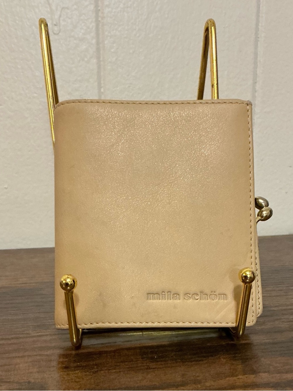 A Rare vintage Mila Schön beige leather bifold gold-tone kiss lock wallet